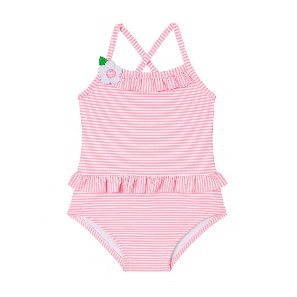 Stripe Seersucker Swimsuit with Flower