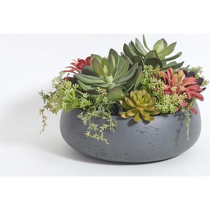 Round Artificial Succulent Arrangement, Gray Planter