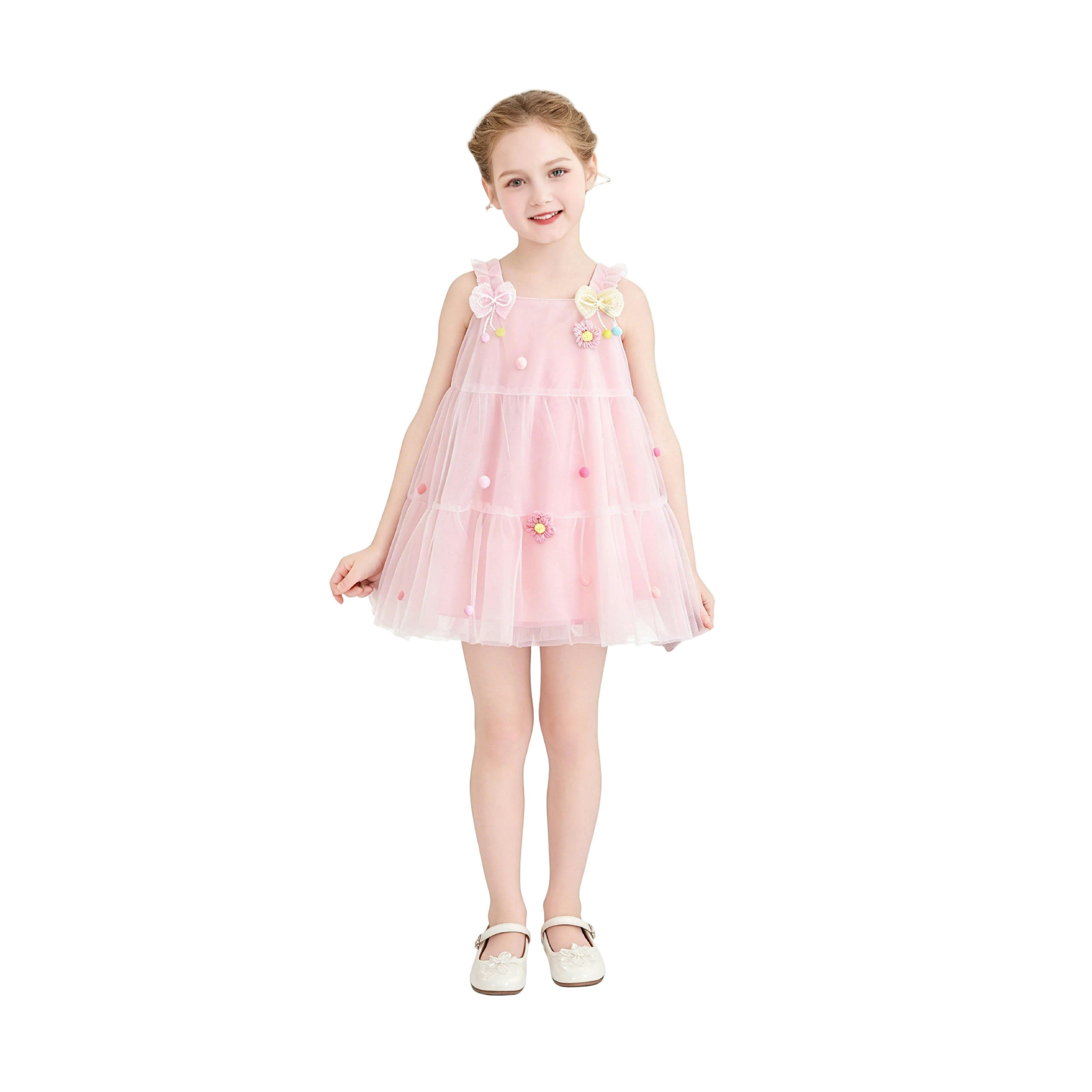 Light Pink Suvanna Pom‑Pom Tulle Dress with Bow Clip
