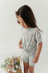Girls Tie Front Shirt in Aqua Grey Floral