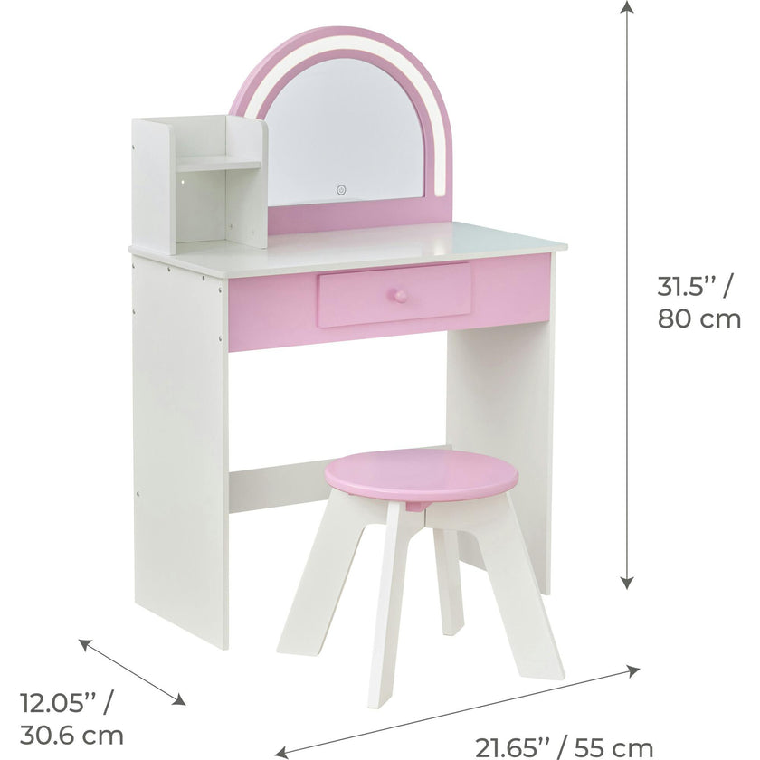 Rosé Shine Wood Vanity & Desk with LED Mirror & Stool