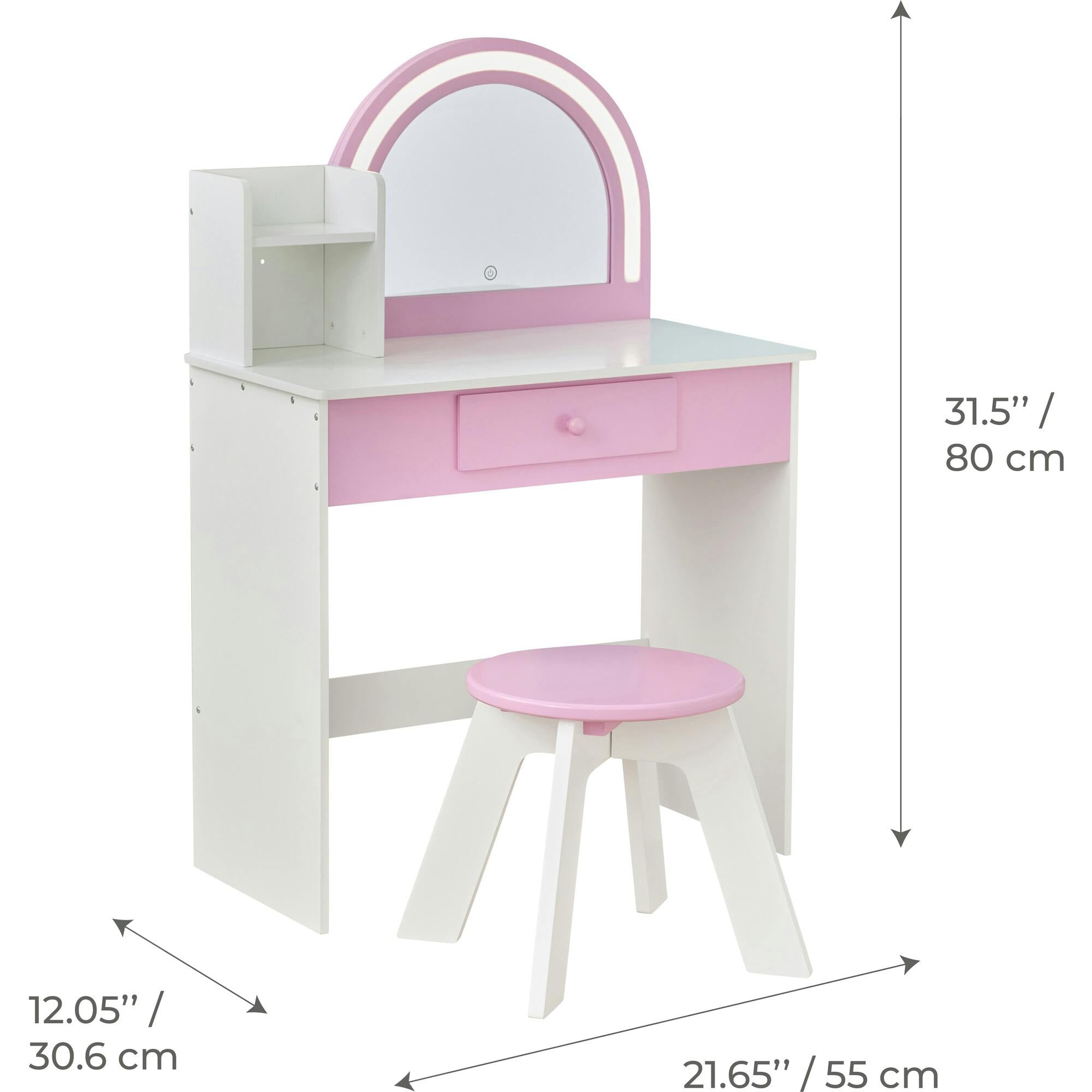 Rosé Shine Wood Vanity & Desk with LED Mirror & Stool