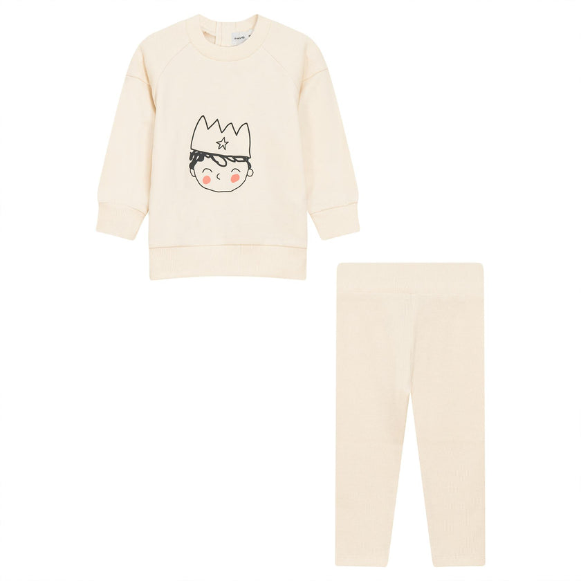 Crown Print Ribbed Elastic Waist Top and Leggings Two Piece Set