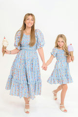 Mini Roselyn Dress in Blue Linear Floral Print