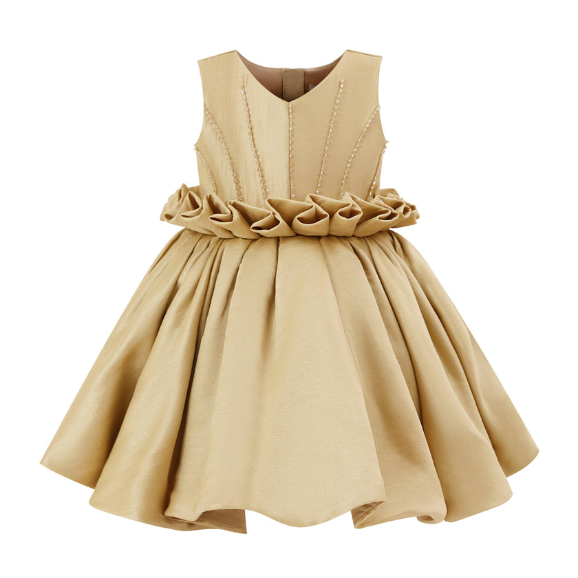Gold Luminara Ruffle Waist Formal Dress