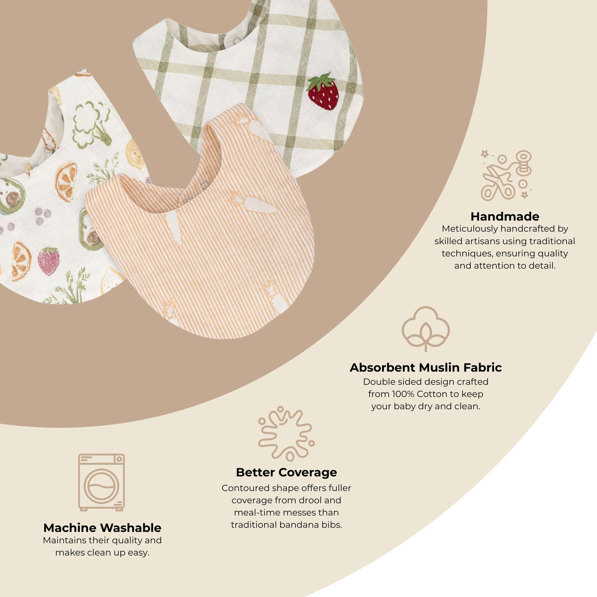 Clementine Fruit & Veggie Cotton Bandana Baby Bib (3 Pack)