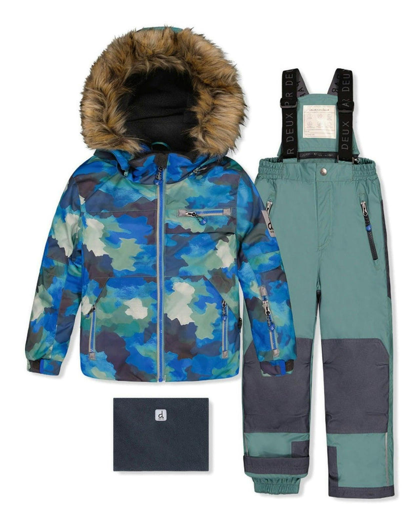 Two Piece Play Snowsuit Blue Camouflage Print With Green Pants