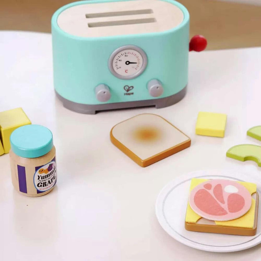 Hape: Ding & Pop-Up Toaster - 15pc Teal Wooden Food Playset