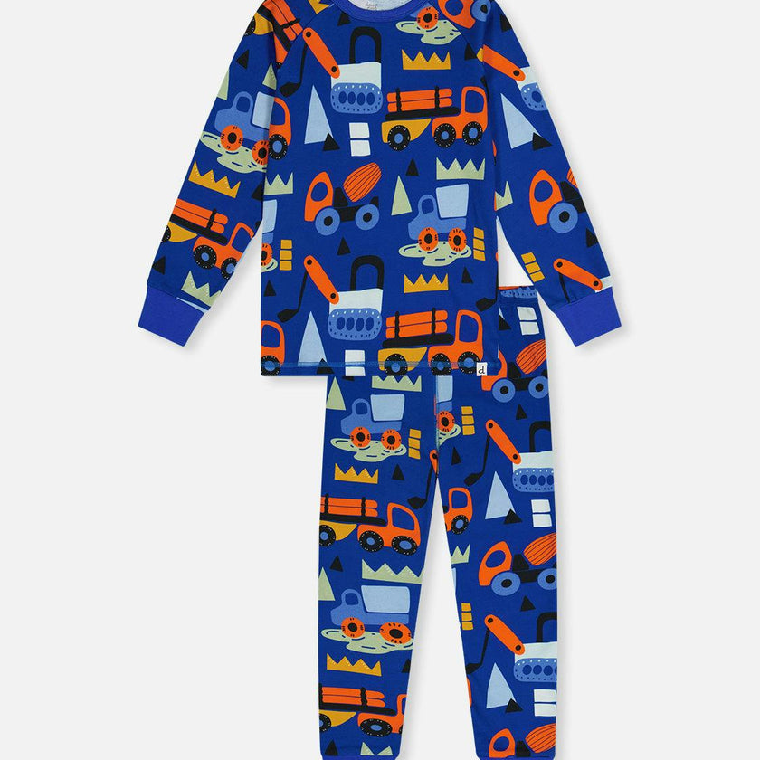 Organic Cotton Two Piece Pajama Set Blue Truck Print