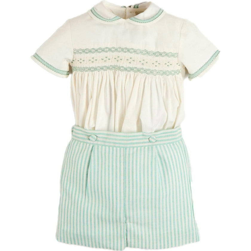Wimbledon Stripe Hand Smocked Peter Pan Collar Two Piece Set in Green (18mths-6yrs)