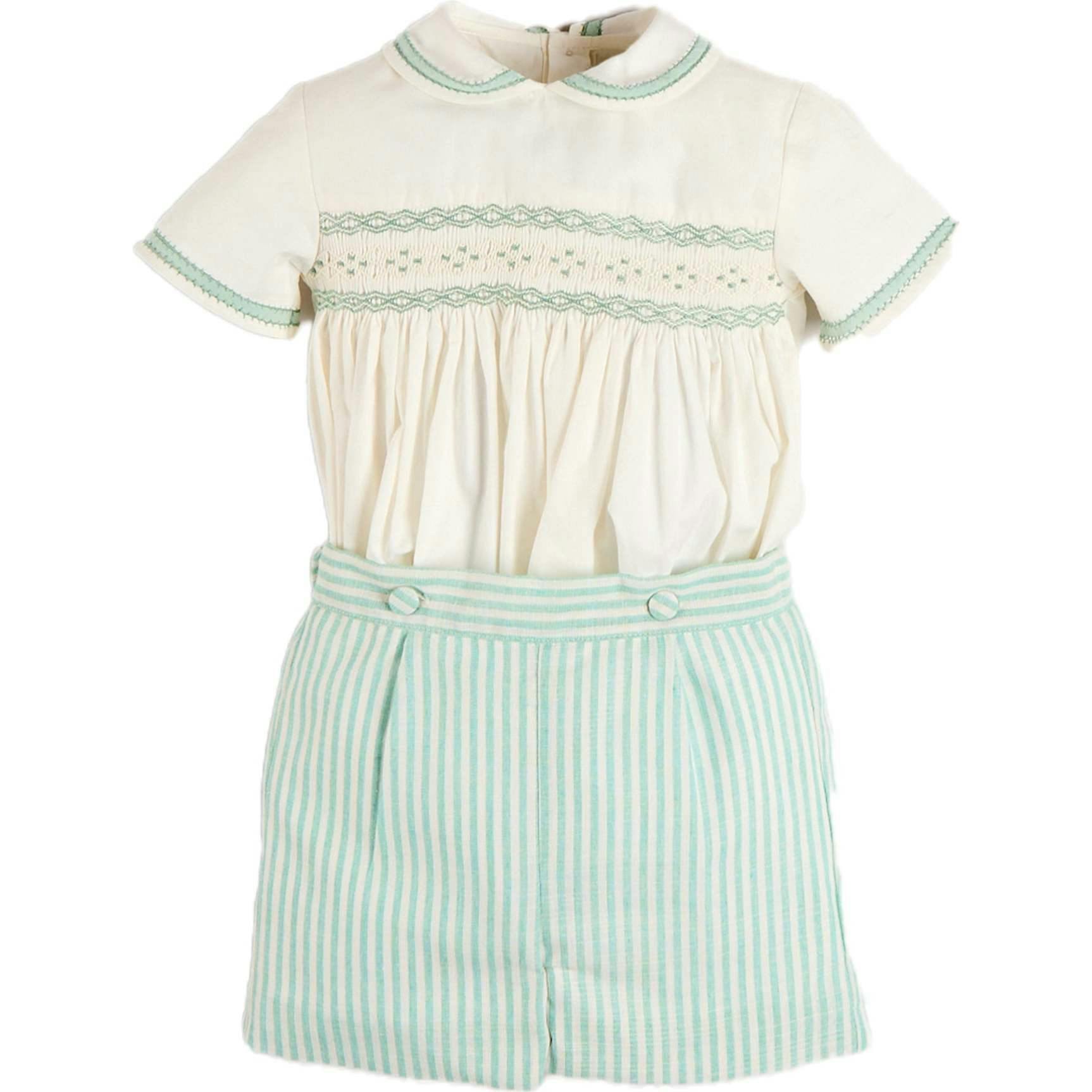 Wimbledon Stripe Hand Smocked Peter Pan Collar Two Piece Set in Green (18mths-6yrs)