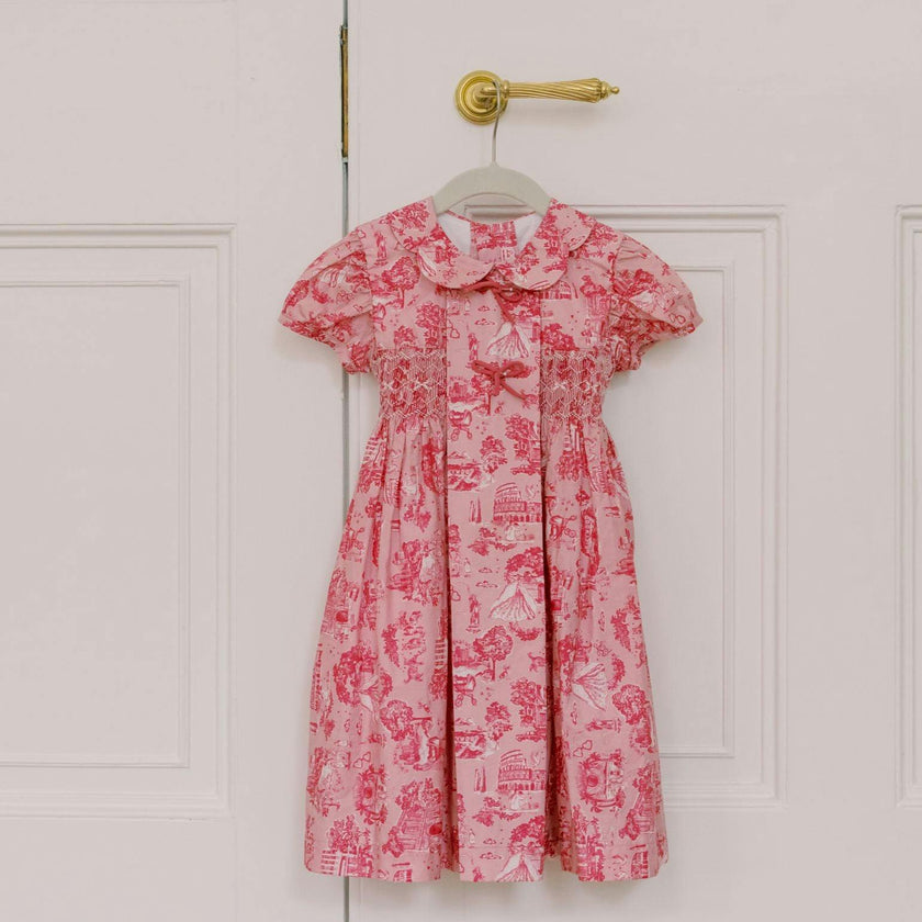 Nicky Hilton x La Coqueta Pink Toile de Jouy Theodora Girl Hand-Smocked Dress
