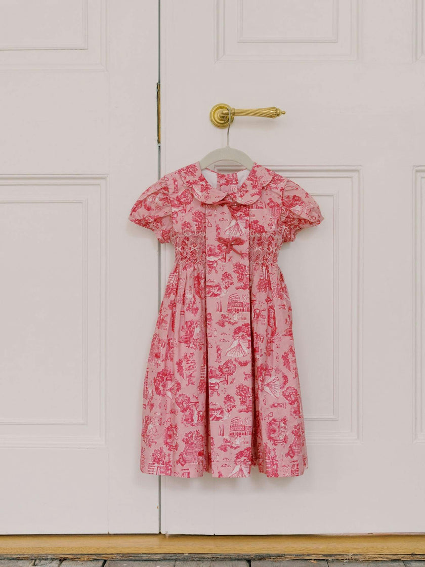 Nicky Hilton x La Coqueta Pink Toile de Jouy Theodora Girl Hand-Smocked Dress