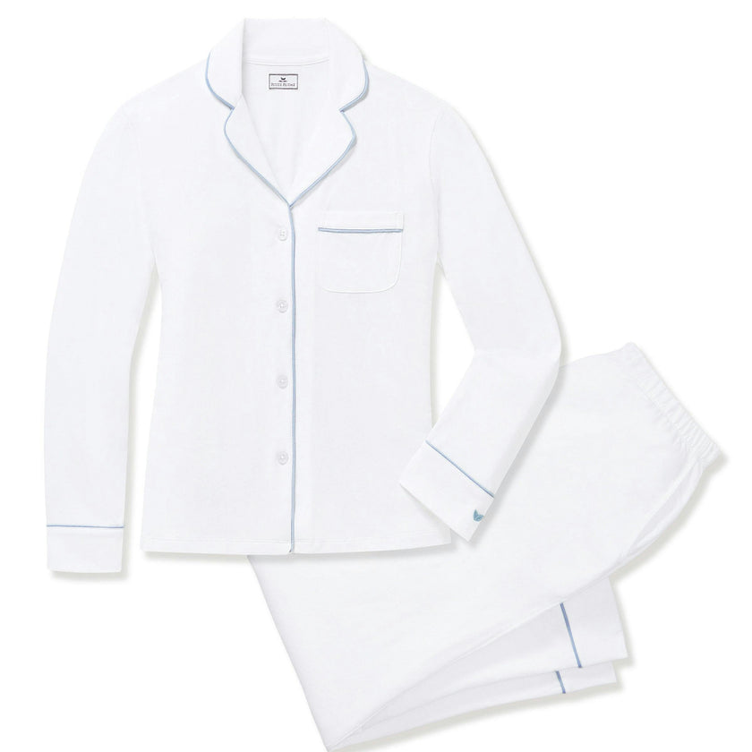 Women's Pima Pajama Set in White with Periwinkle Piping
