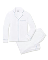 Women's Pima Pajama Set in White with Periwinkle Piping