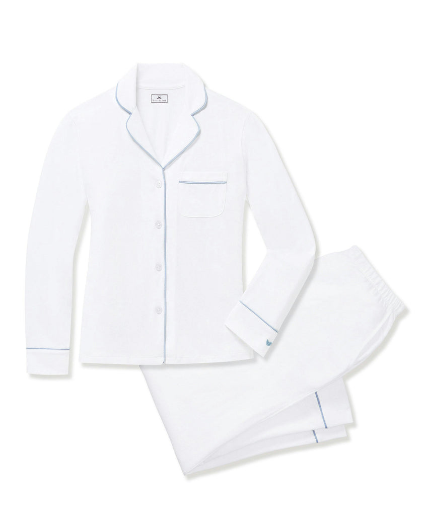 Women's Pima Pajama Set in White with Periwinkle Piping