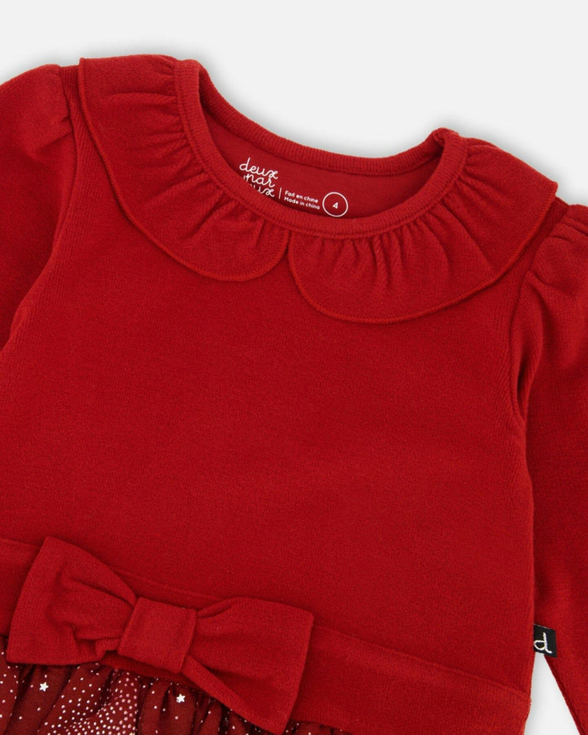 Bi-Material Dress With Glittering Skirt Red
