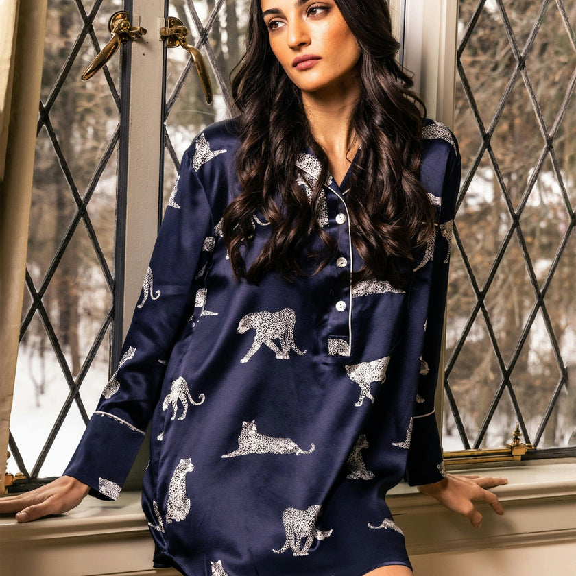 Women's Silk Nightshirt in Panthère de Nuit