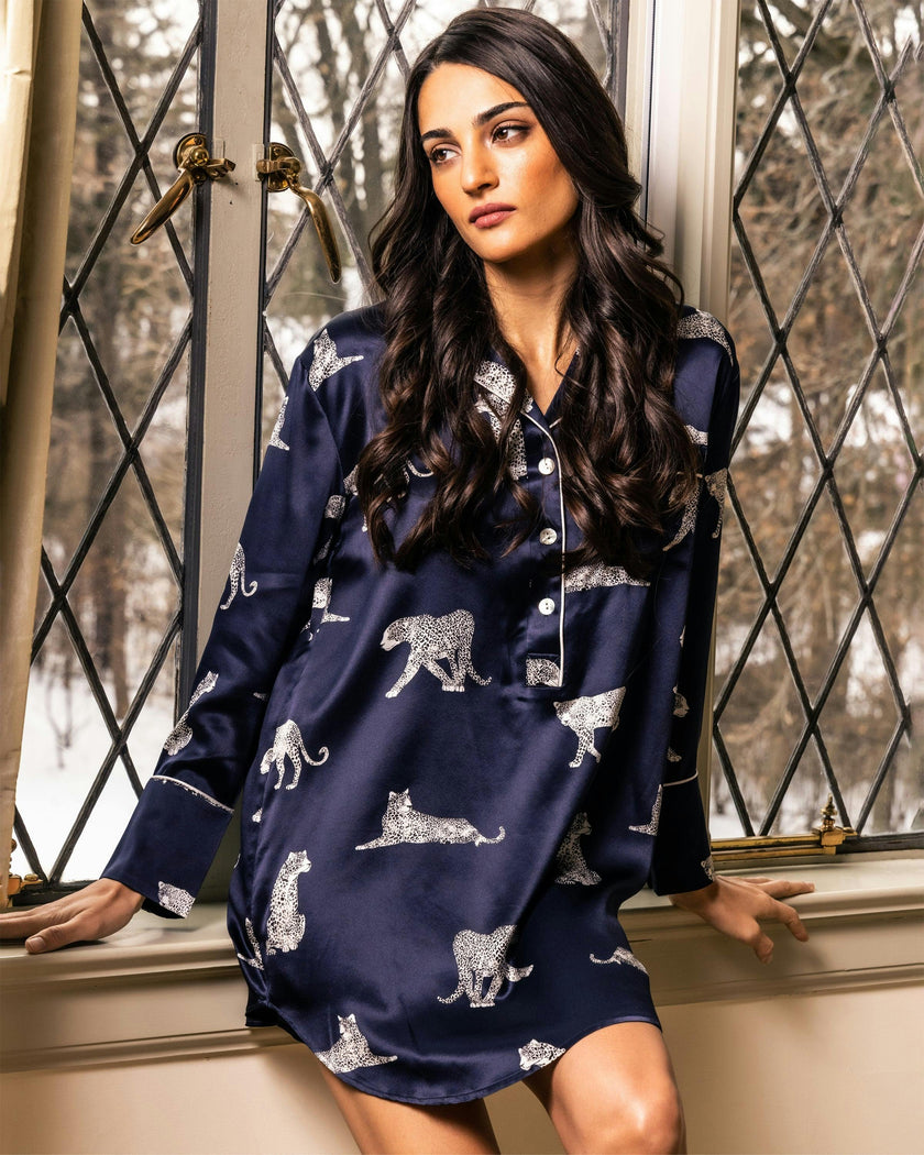 Women's Silk Nightshirt in Panthère de Nuit