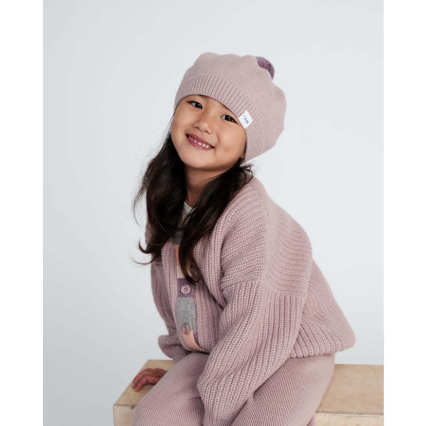 Chunky Ribbed Cotton Knit Pom Pom Beret, Pink