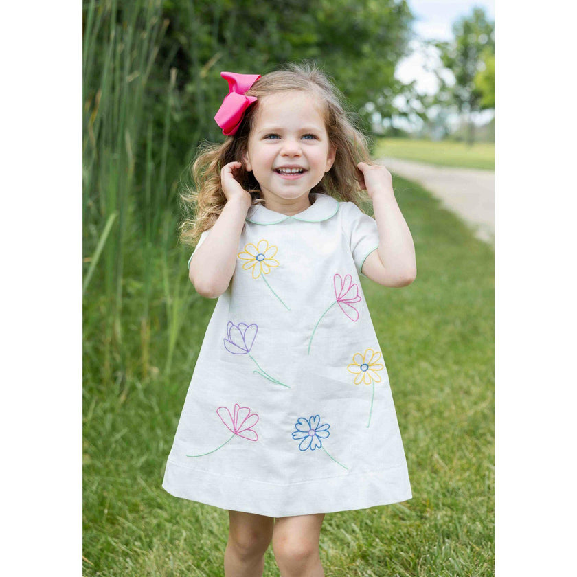 Linen Look Dress With Embroidered Flowers