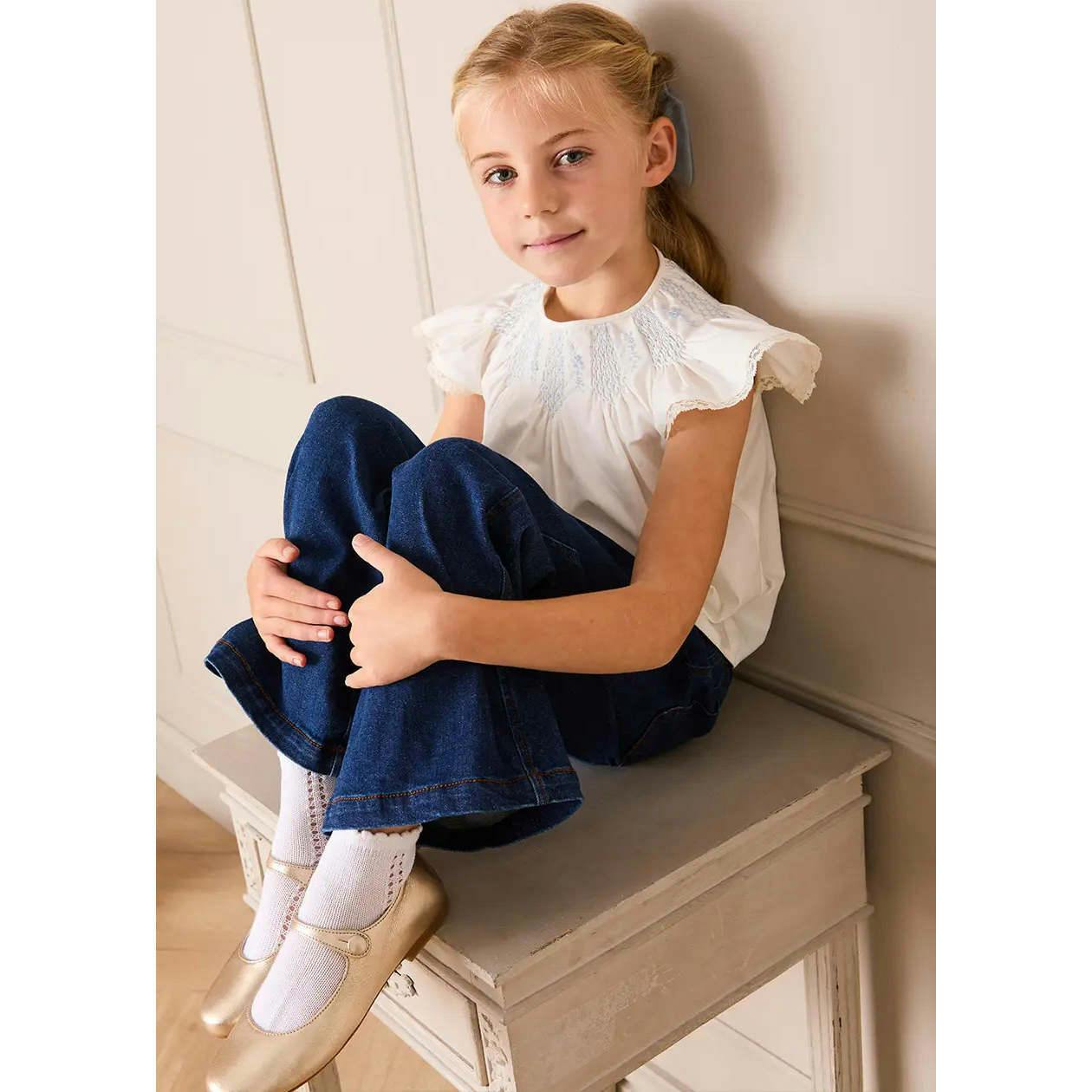 Butterfly Embroidered Lace Detail Cap Sleeve Blouse in White (18mths-10yrs)