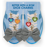 Packed Party Plaid Bows and Rainbow Hearts Shoe Charm Set 6pc - Gingham Bow and Enamel Heart Charms with Lobster Clips for Sneakers, 2.75x3.3 Inch