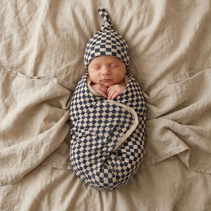 Organic Swaddle Blanket & Hat Set - Midnight Check