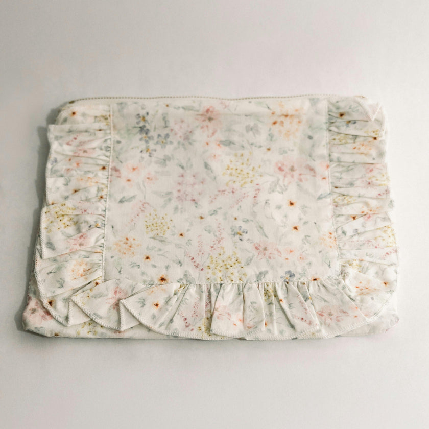 Dewdrop Meadow Timeless Floral Ruffle Zipper Pouch