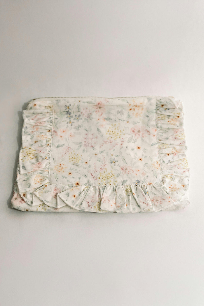 Dewdrop Meadow Timeless Floral Ruffle Zipper Pouch