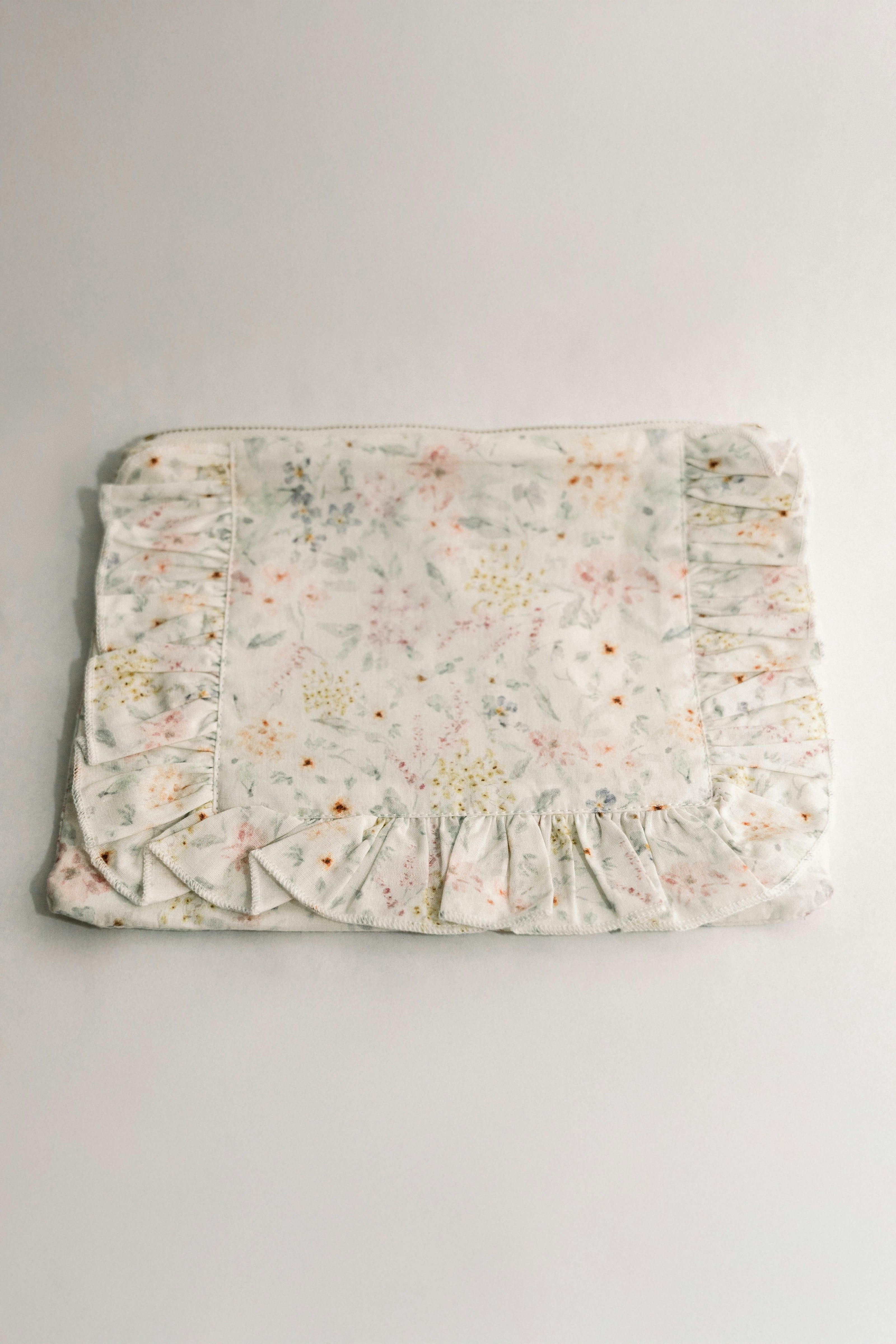 Dewdrop Meadow Timeless Floral Ruffle Zipper Pouch