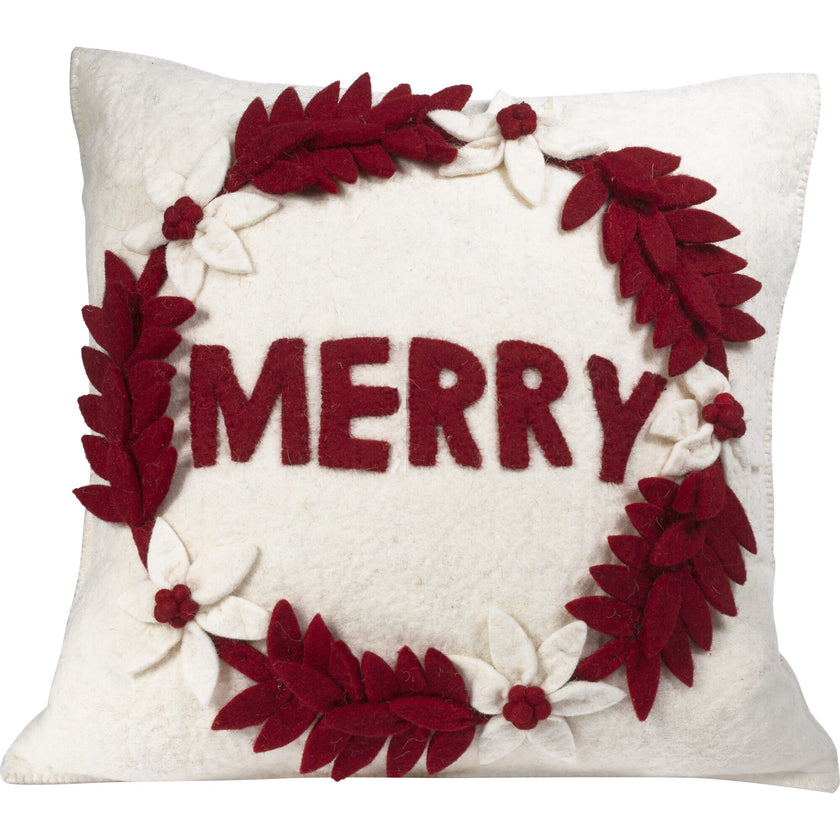 Hand Felted Wool Christmas Pillow - MERRY Wreath on Cream - 20"