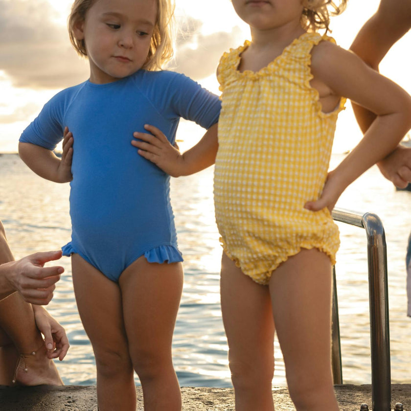 girls deep sea blue terry quarter sleeve rashguard one piece