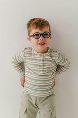 Boys Long Sleeve Henley Shirt in Sage Stripe
