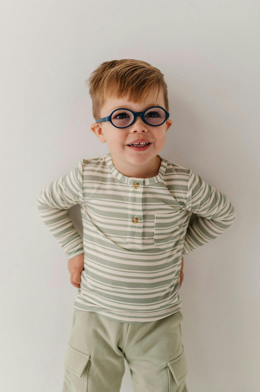 Boys Long Sleeve Henley Shirt in Sage Stripe