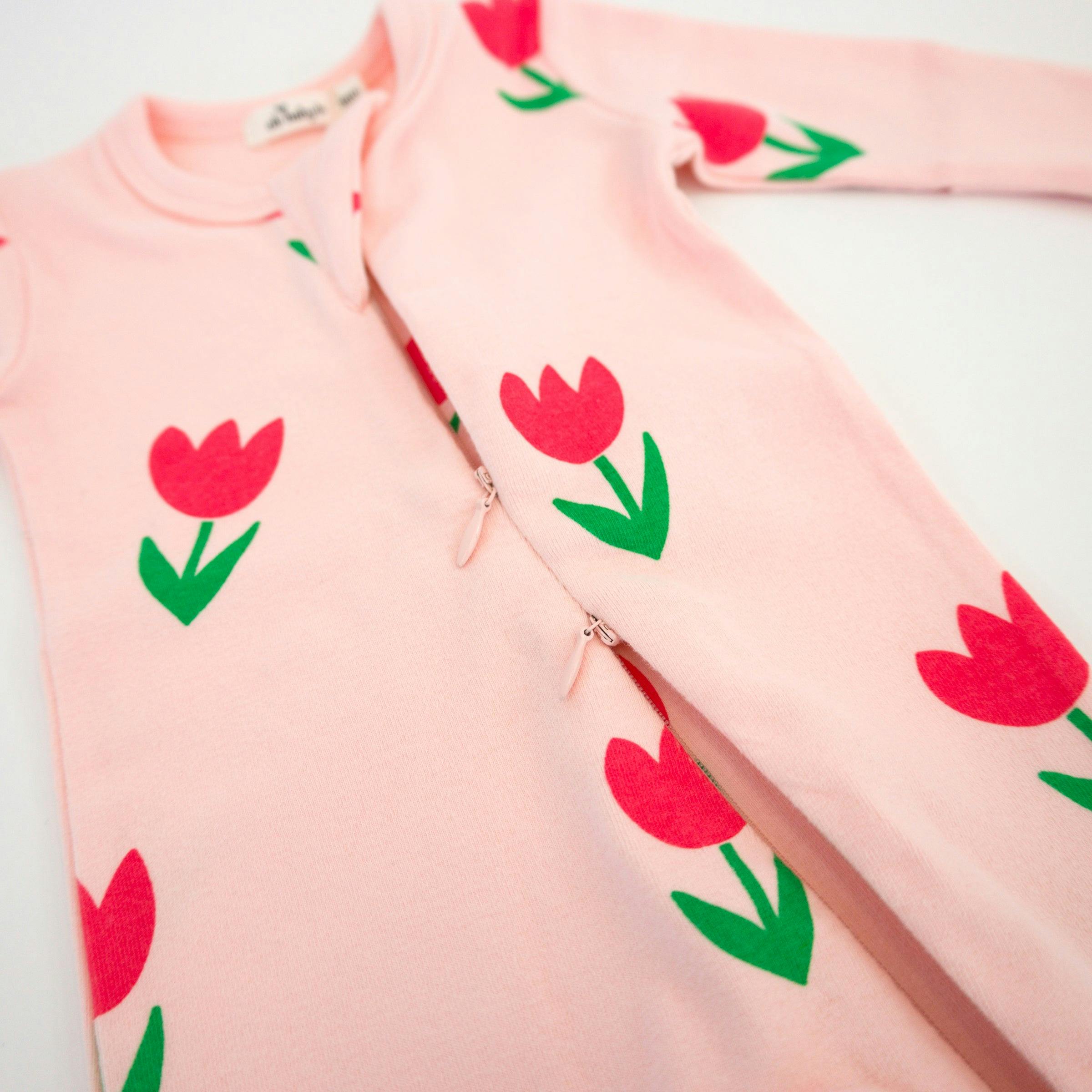 Cotton Candy Pink Tulips Print Zipper Footie