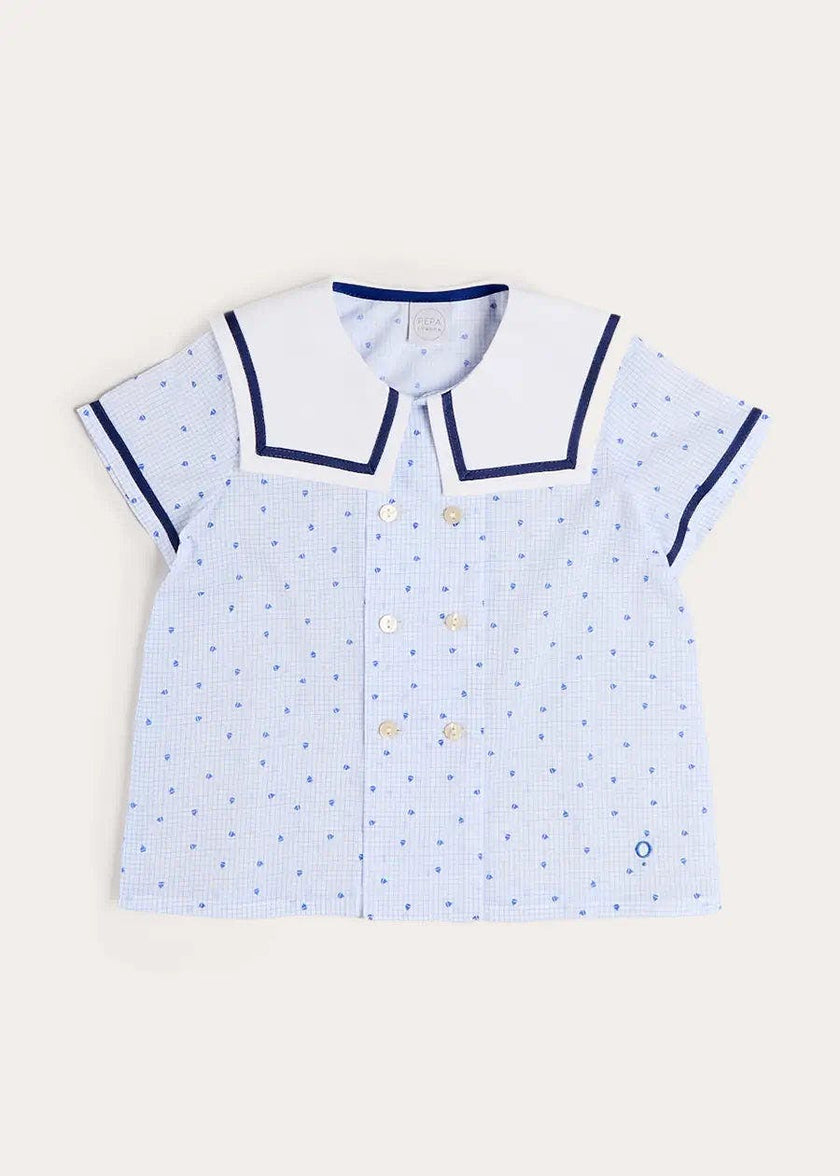 Noah Check Mariner Collar Double Breasted Shirt in Blue (18mths-6yrs)