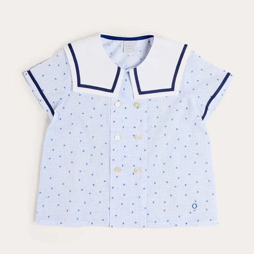 Noah Check Mariner Collar Double Breasted Shirt in Blue (18mths-6yrs)