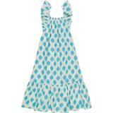 Eva Women's Ruffle Sundress Cream Aqua Ikat, Blue