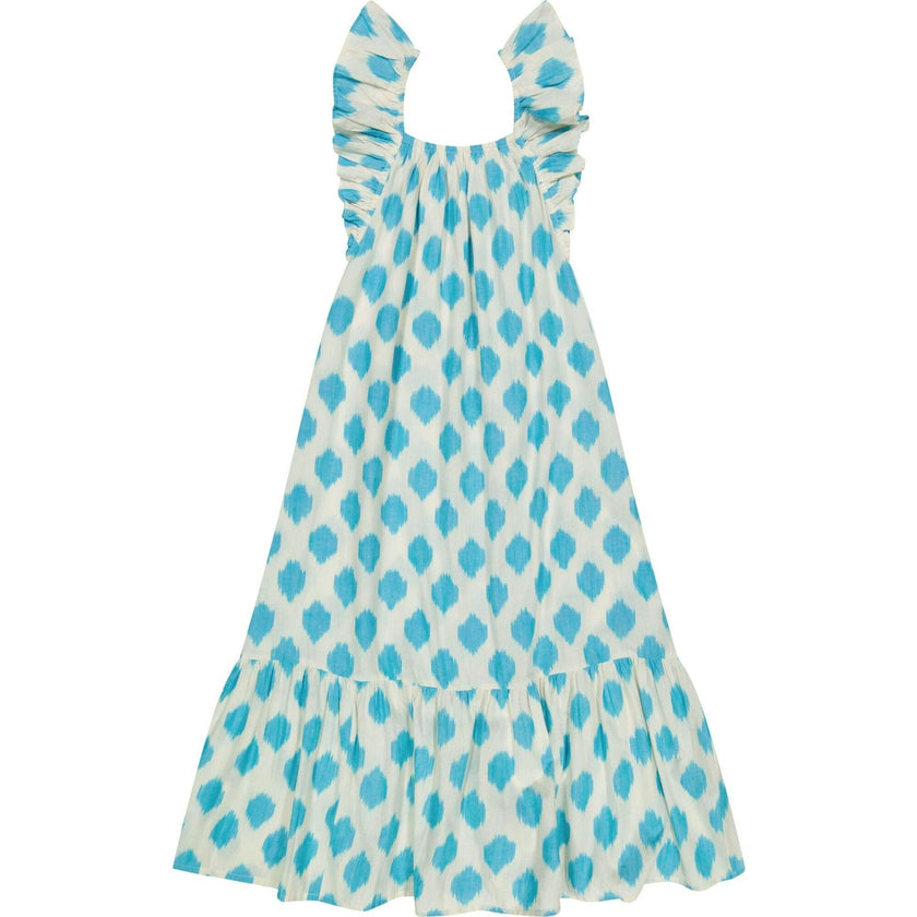 Eva Women's Ruffle Sundress Cream Aqua Ikat, Blue