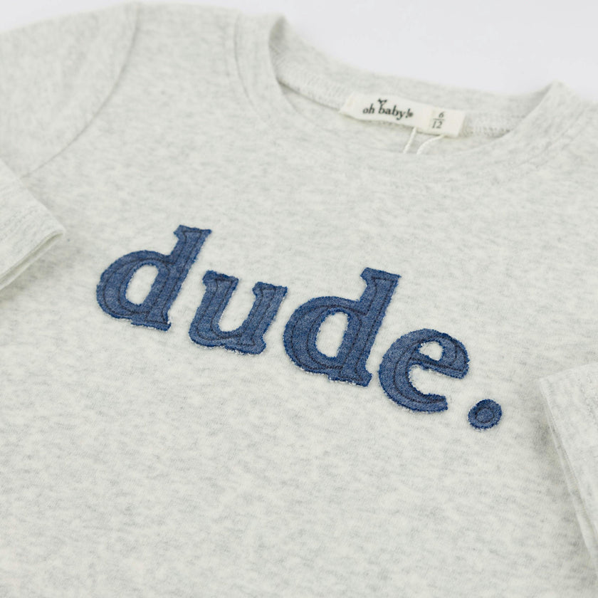 Denim "dude" Applique Raw Edge Baby Rib Tee