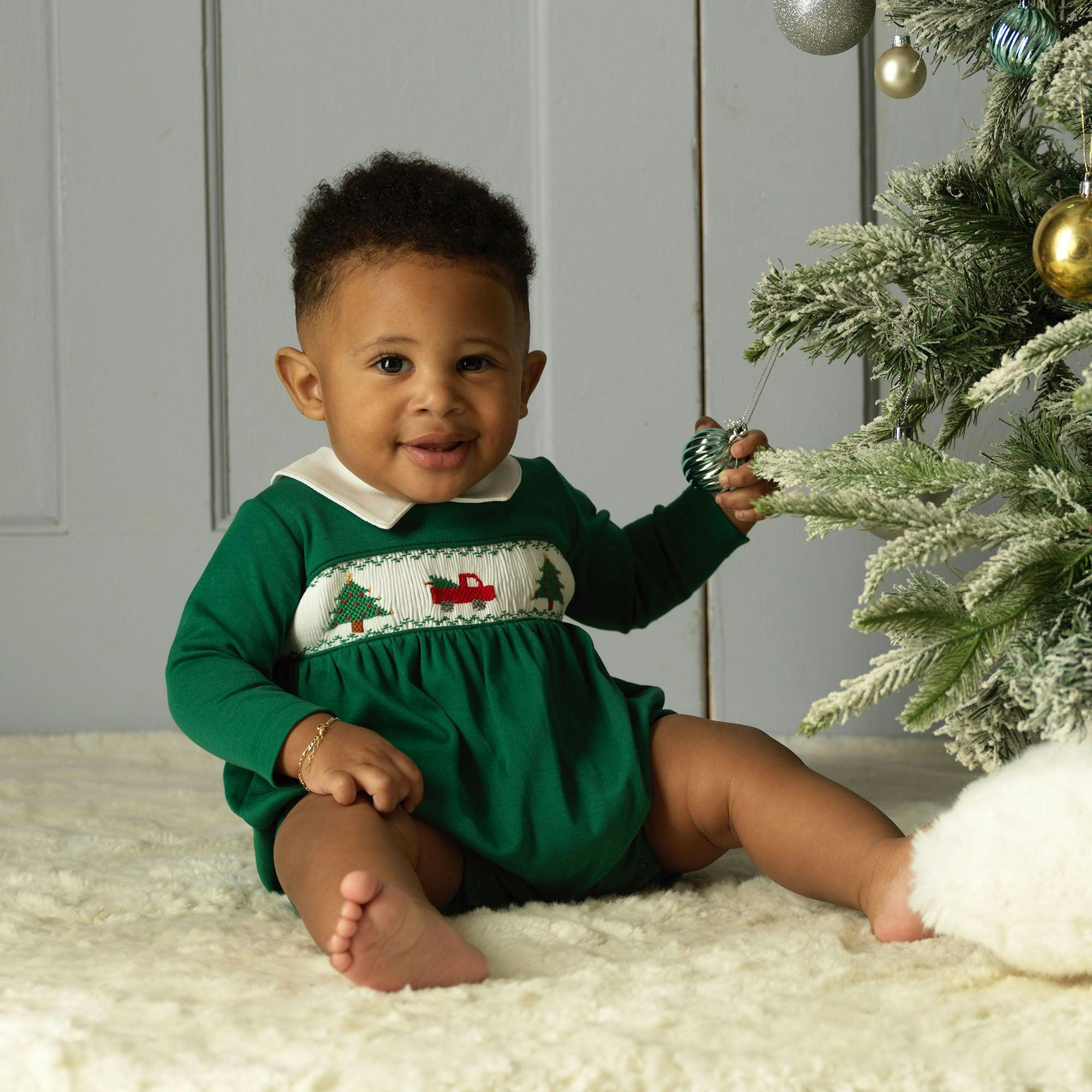 Pima Christmas Tree Smocked Babysuit