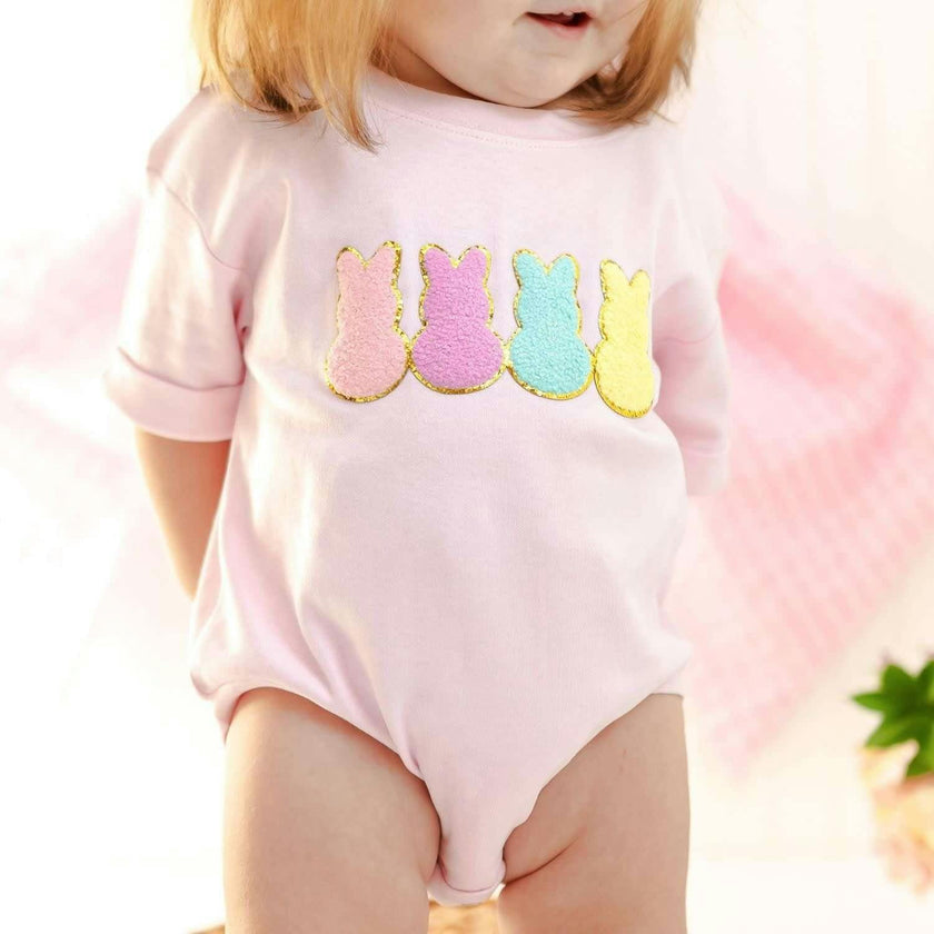 Easter Peeps Patch Short Sleeve Romper - Ballet
