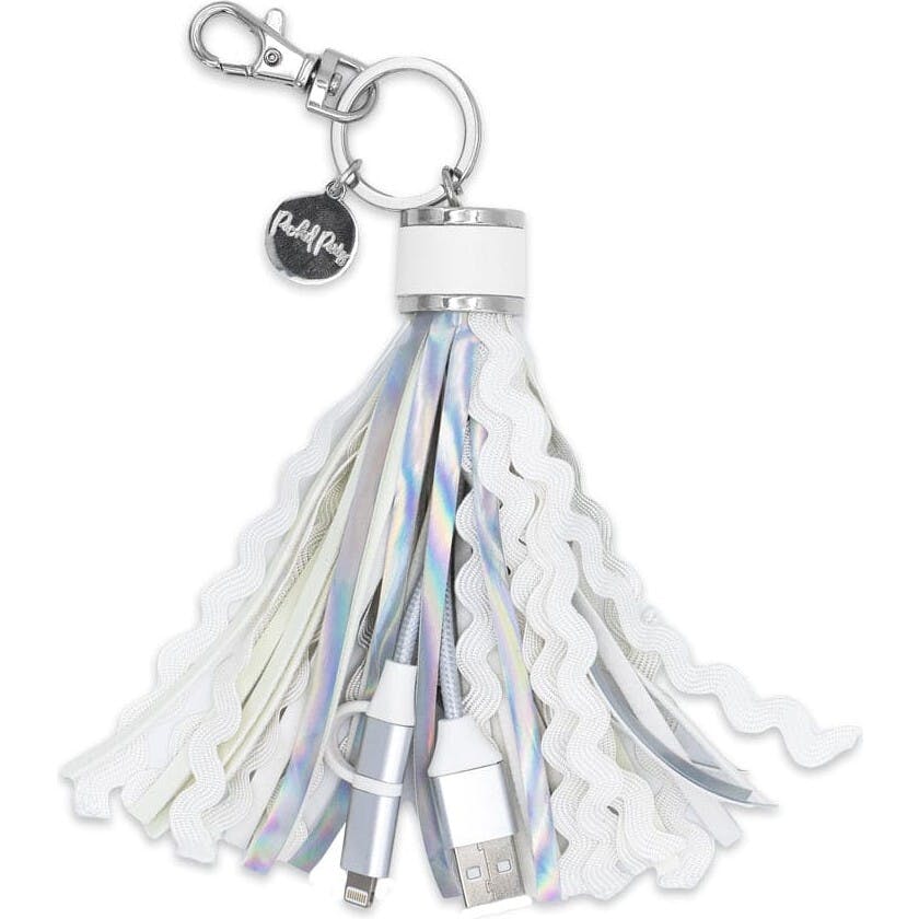 Packed Party More Metallic Portable Charging Tassel Keychain - Holographic Vegan Leather Keychain USB Charger Compatible with iPhone and Android, 1 Inch Keyring