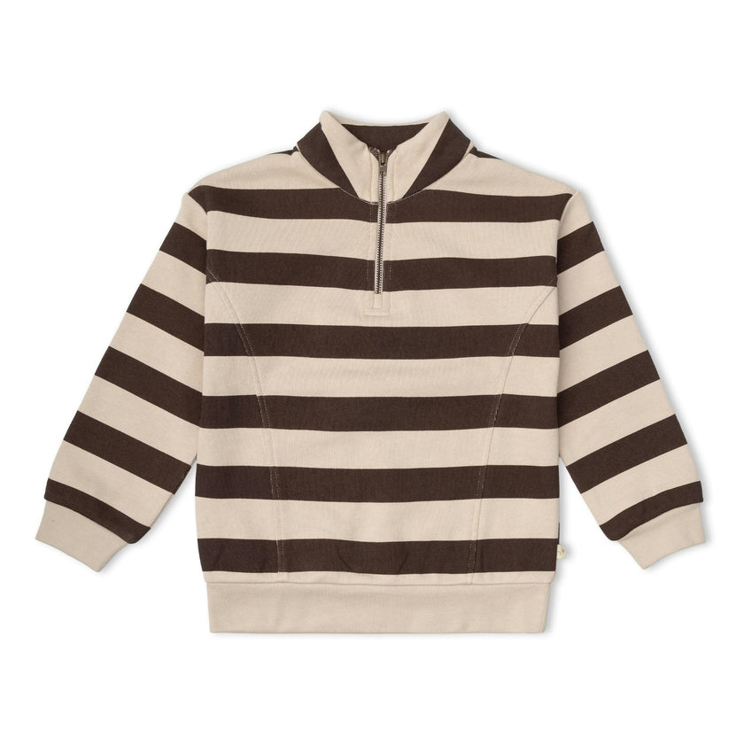 Organic Fleece Half Zip Sweatshirt - Mocha Stripe