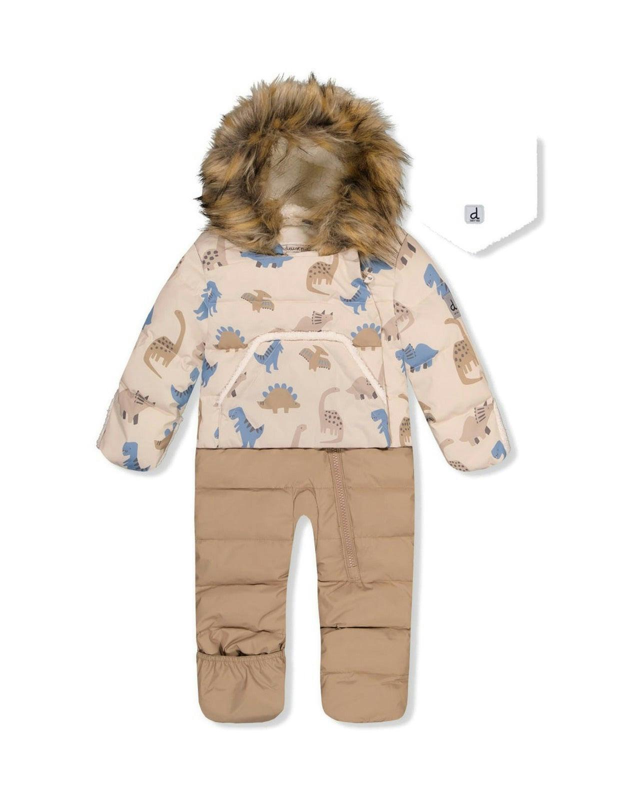 Baby Snug One Piece Snowsuit Adapted For Car Seats Blue Dinosaur Print
