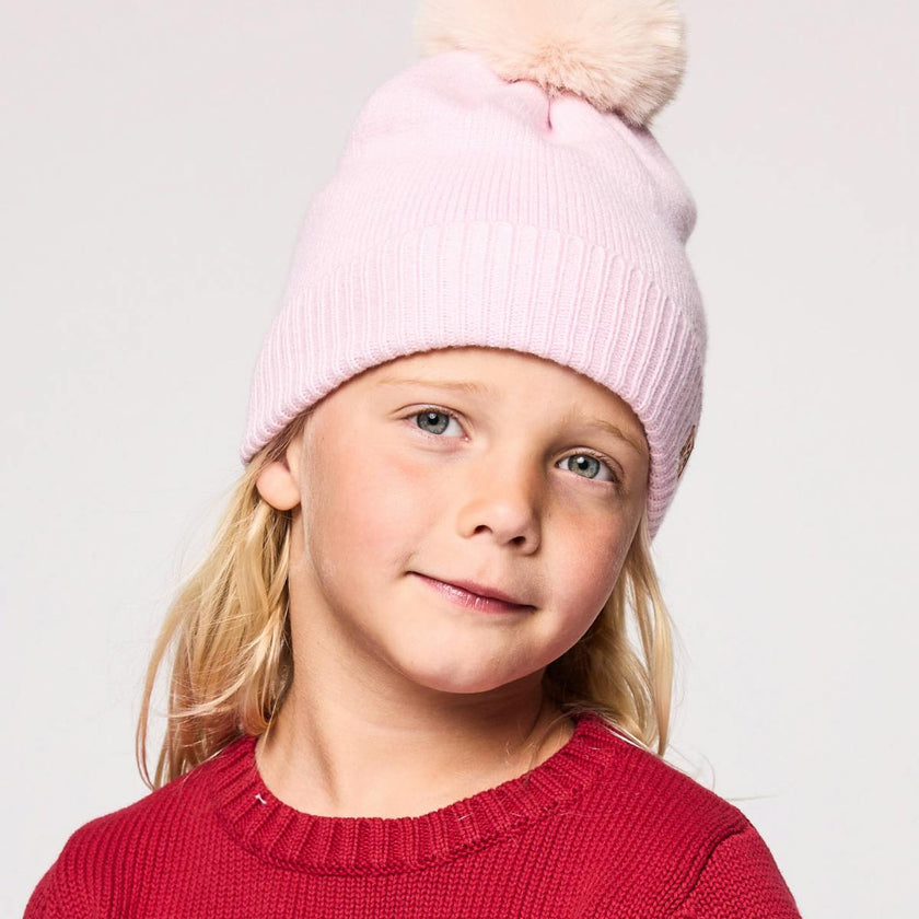Kids Knit Winter Hat with Faux Fur Pom