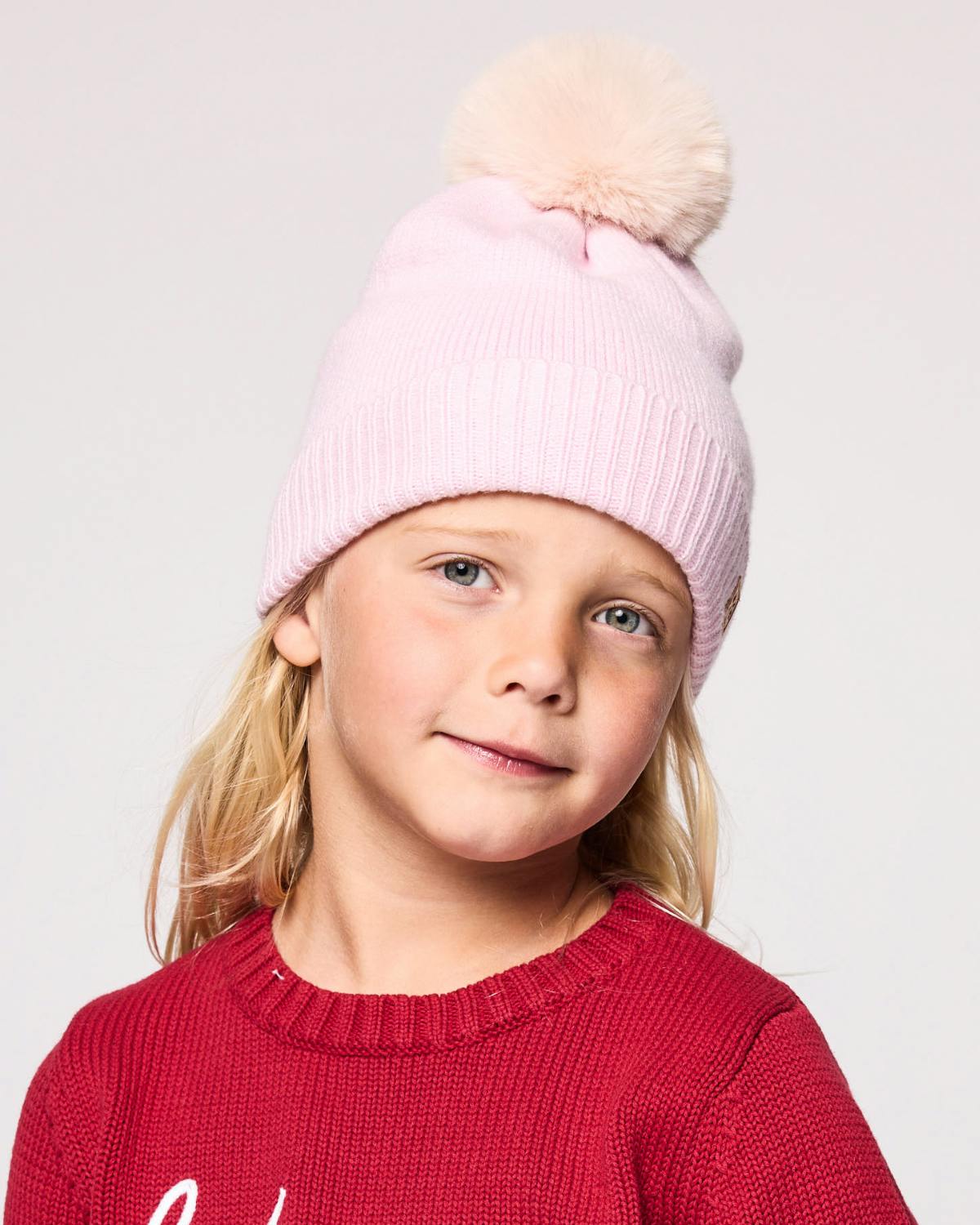 Kids Knit Winter Hat with Faux Fur Pom
