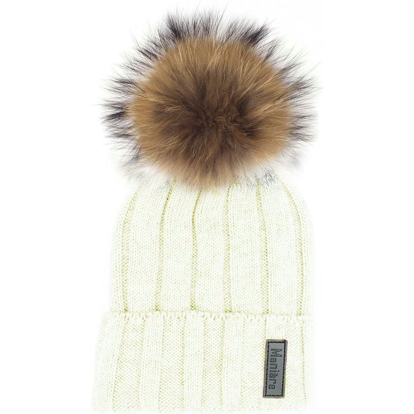 Ribbed Merino Wool Faux Fur Pom Pom Hat