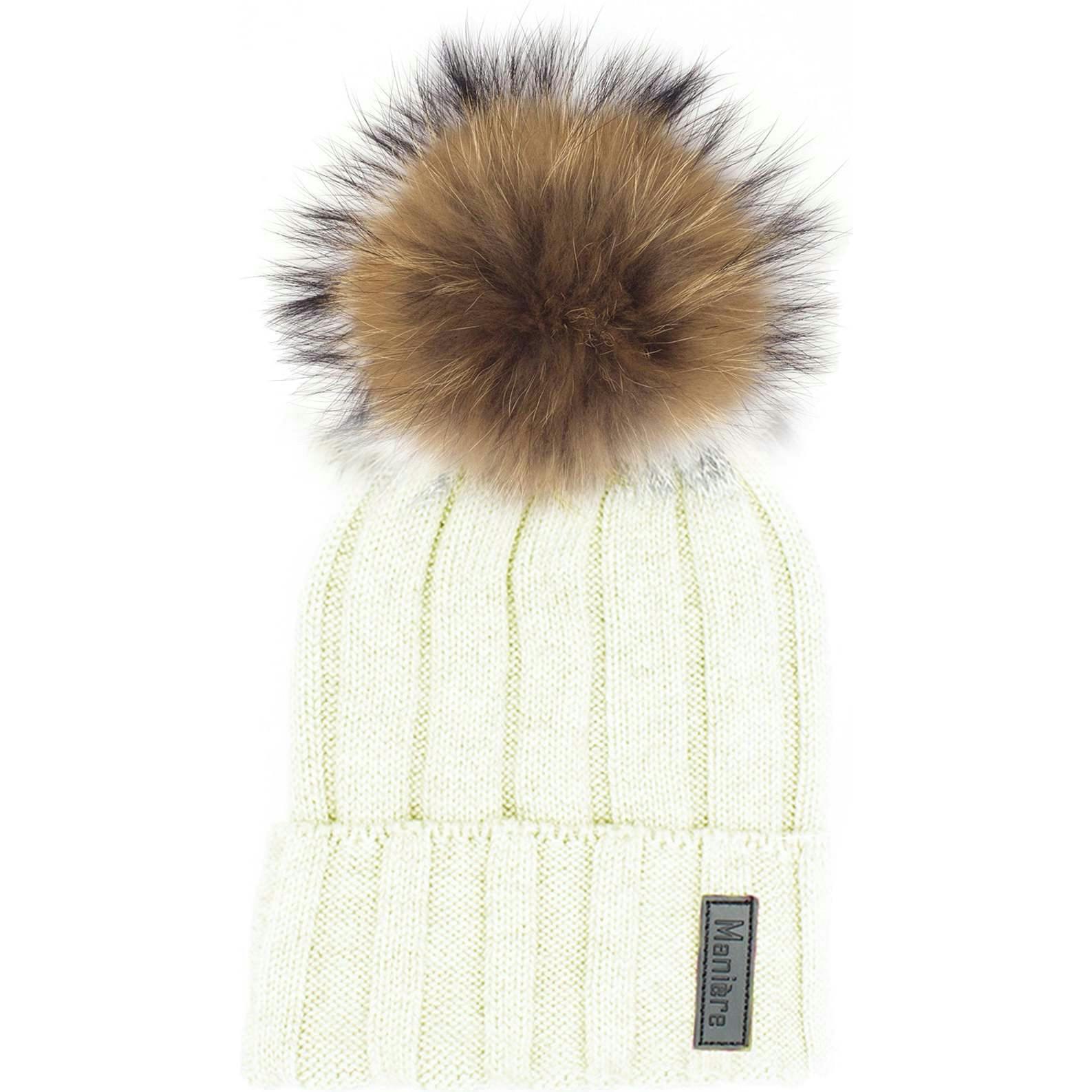 Ribbed Merino Wool Faux Fur Pom Pom Hat